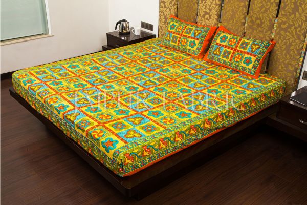 Orange Border Rangoli Print Multi Color Cotton Double Bed Sheet