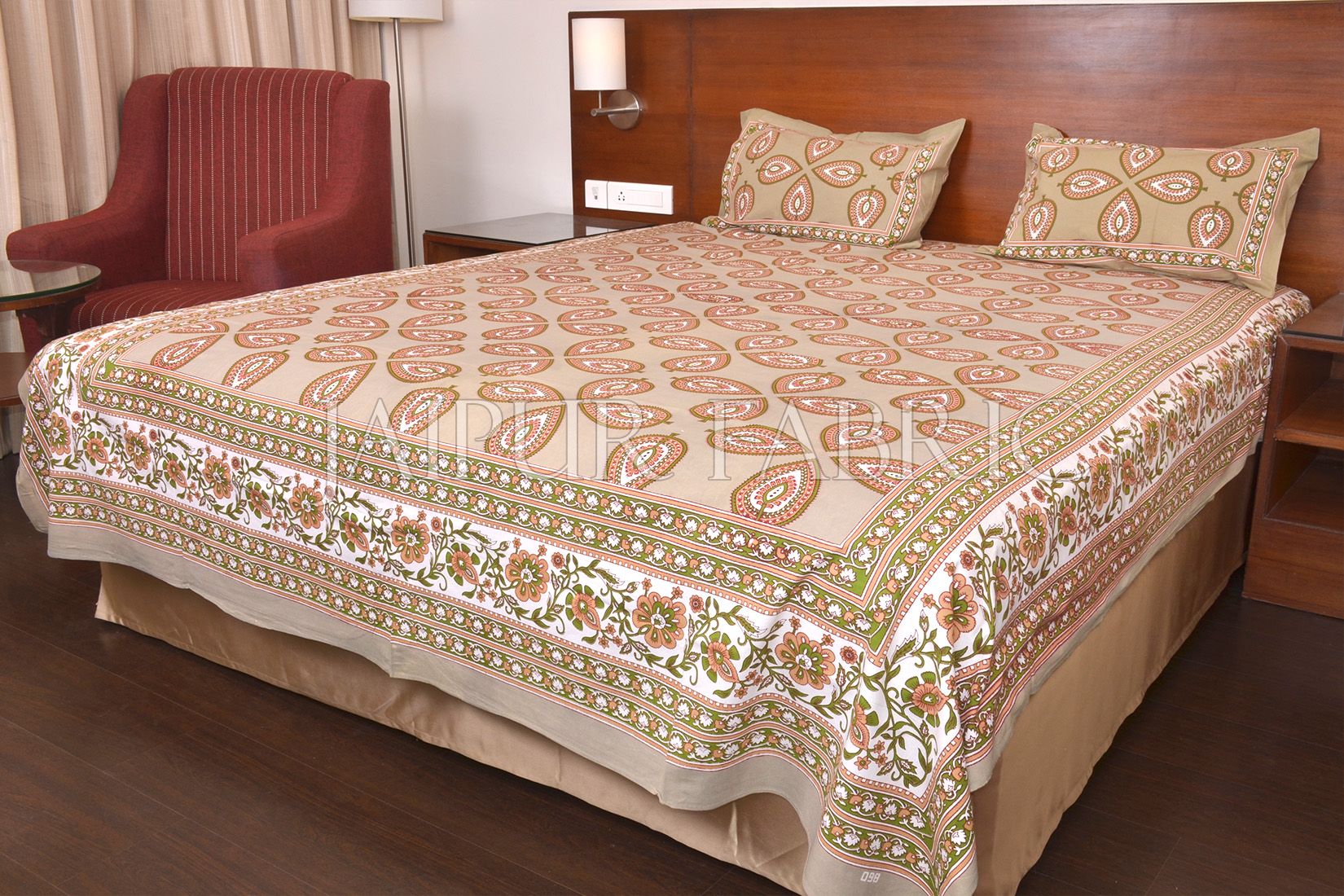 Olive Color Jaipuri Paan Patti Print Double Bed Sheet