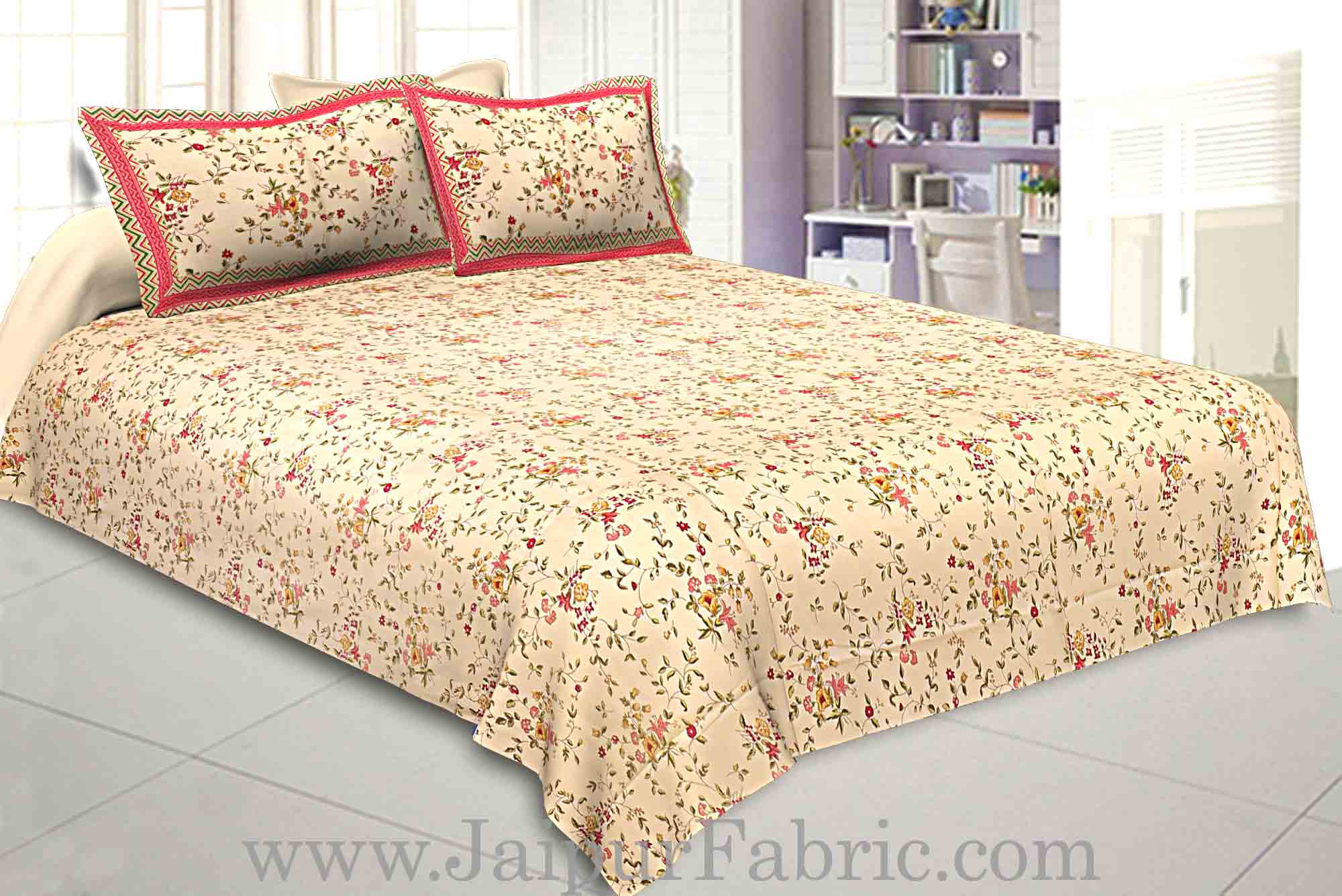 COMBO62 Cream Floral Design 1 Cotton Double Bedsheet + 1 Dohar Combo