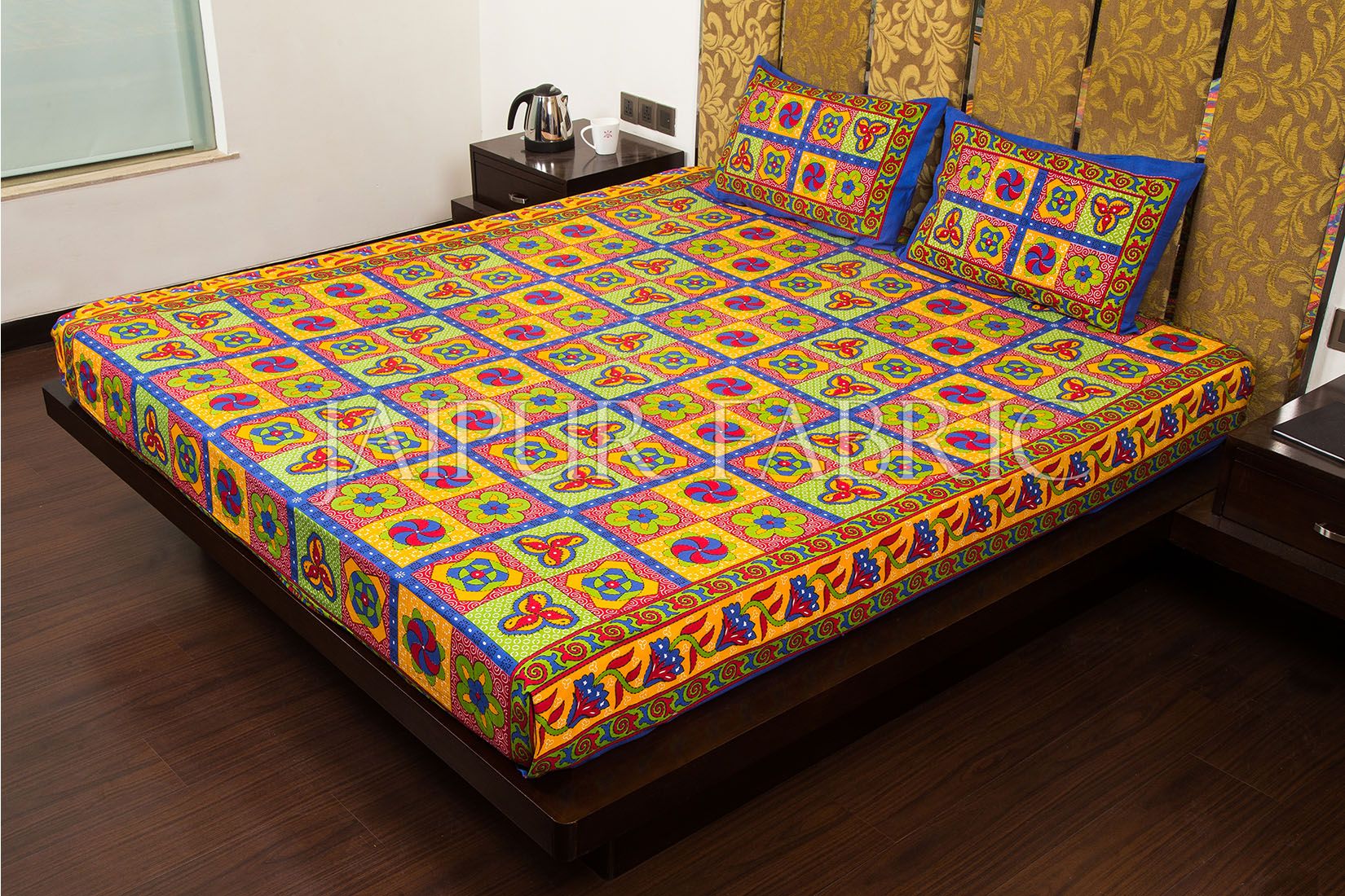 Blue Border Rangoli Print Multi Color Cotton Double Bed Sheet