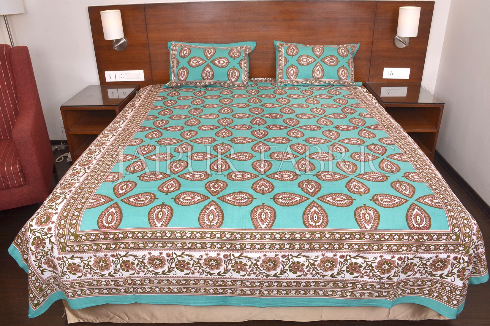 Green Color Jaipuri Paan Patti Print Double Bed Sheet