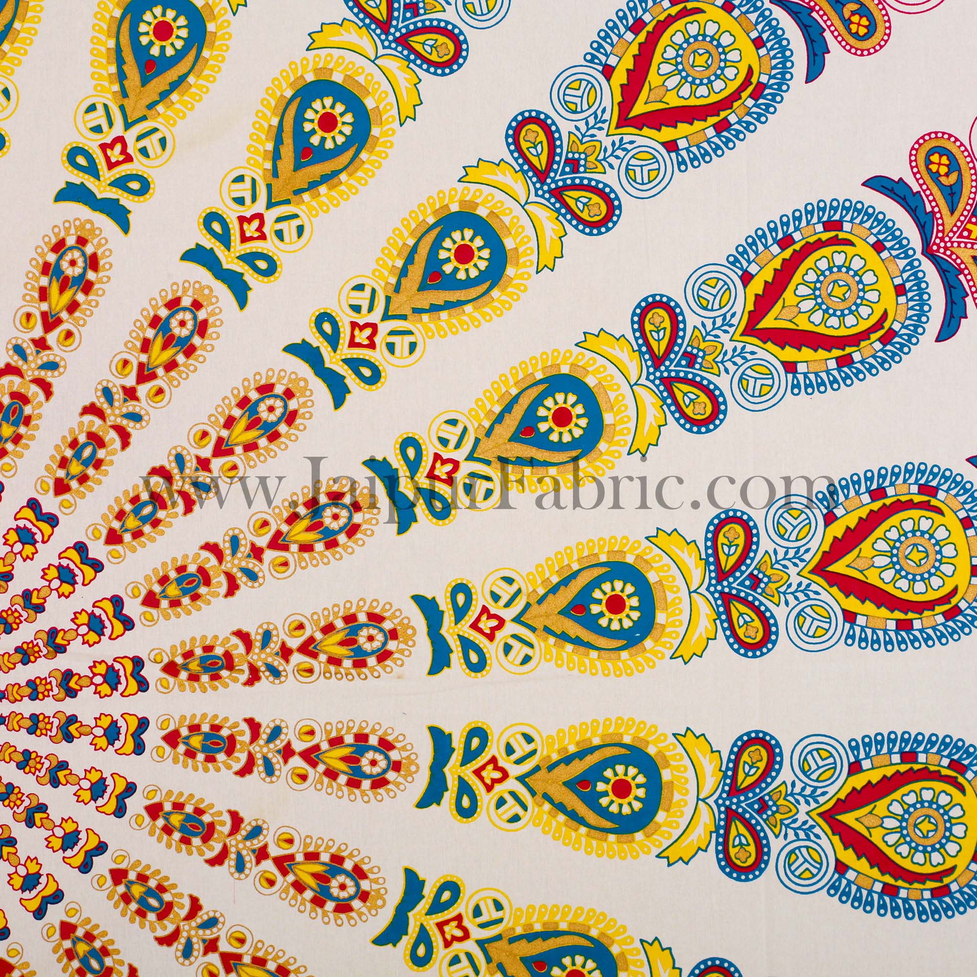 Mandala Yellow Blue Khari Gold Print Double Bedsheet with 2 Pillow Covers