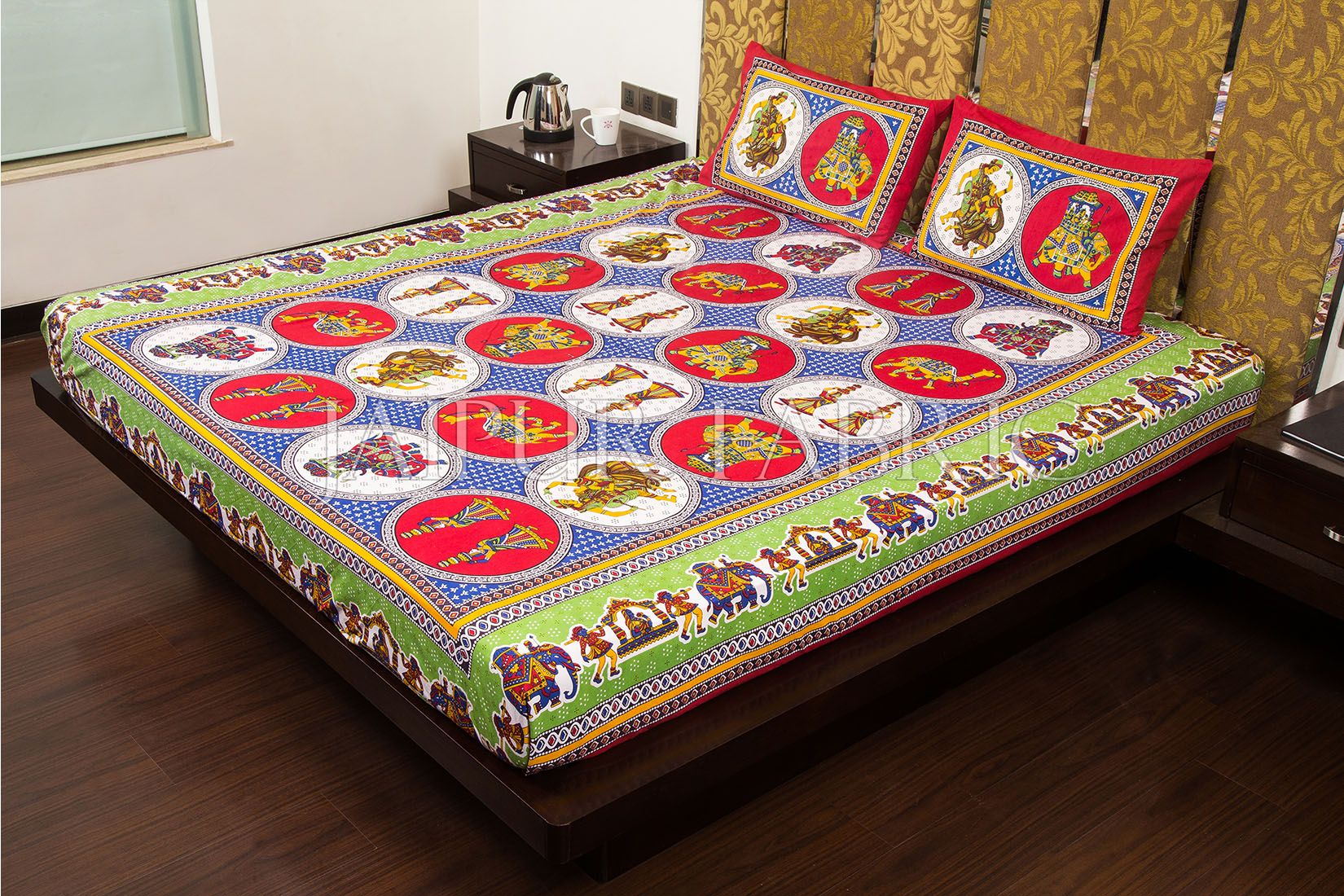 Red Border Jaipri Fat Wedding Print Cotton Double Bed Sheet