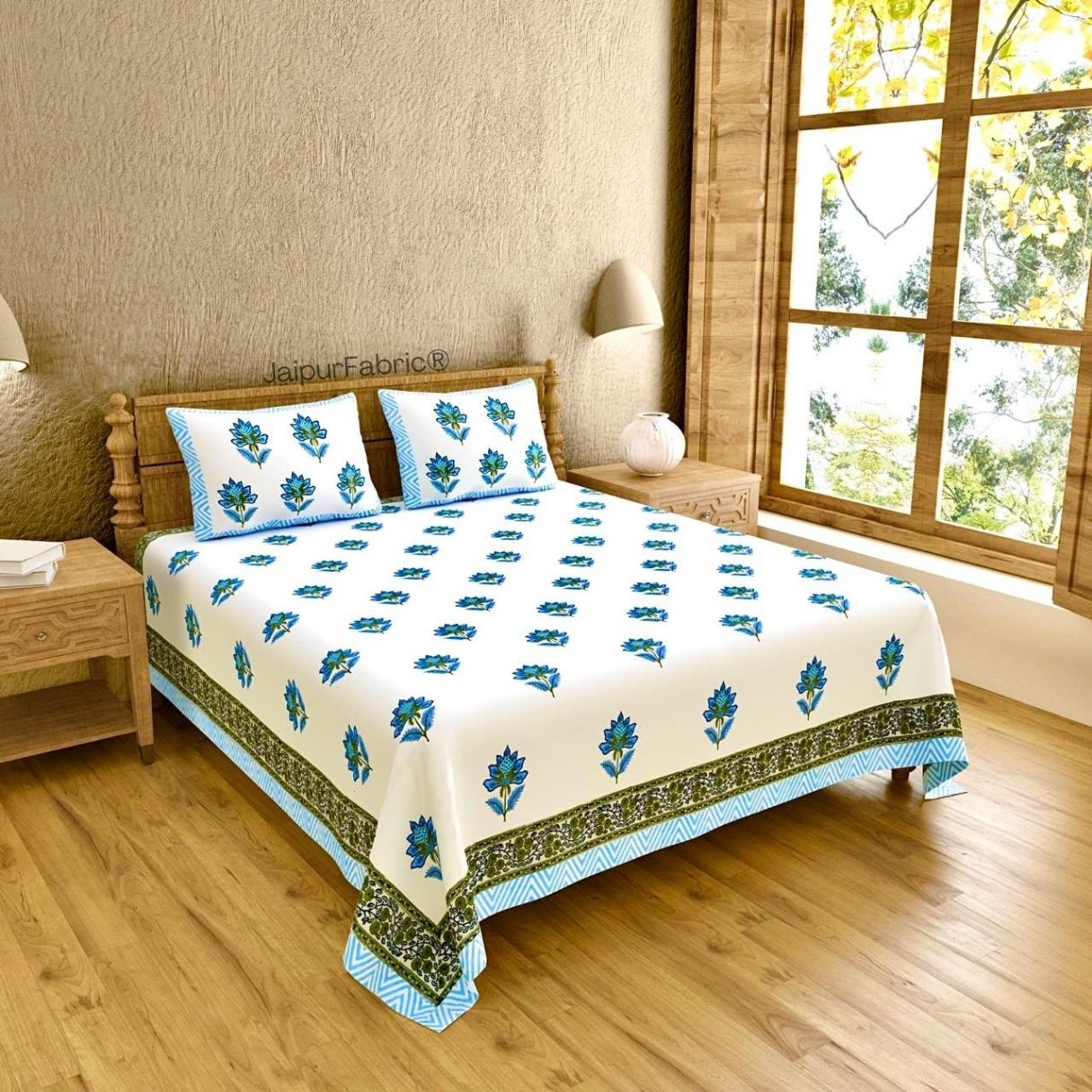 Curated Block Print 400 TC Pure Cotton King Size Bedsheet for Elegant Bedrooms