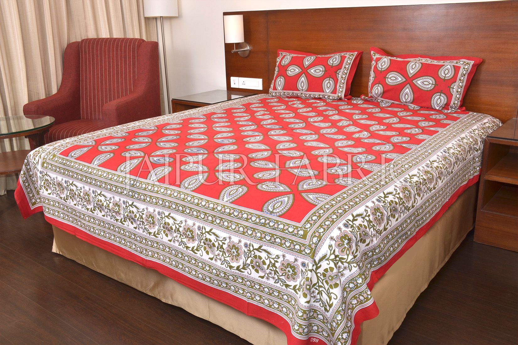 Red Color Jaipuri Paan Patti Print Double Bed Sheet