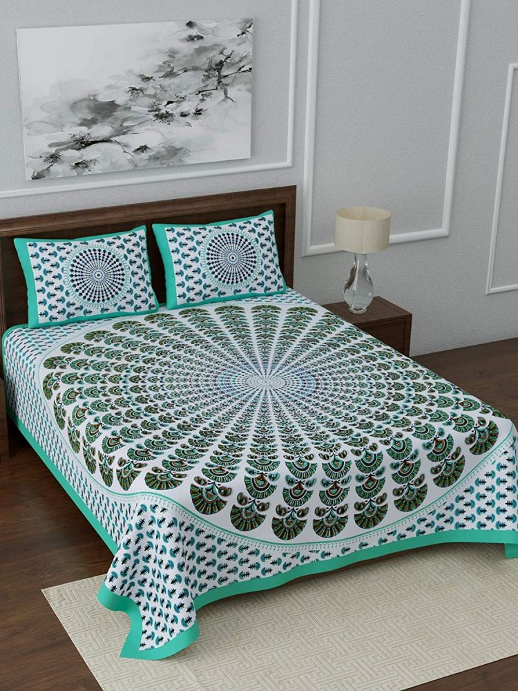 Green Kalangi Printed Cotton Double Bed Sheet