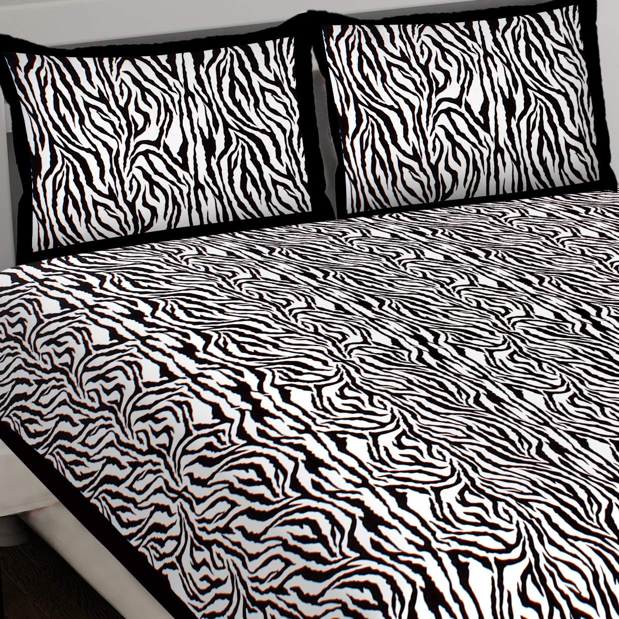 Black Border White  Base Zebra Print Fine Cotton Double Bed sheet  With Pillow Cover