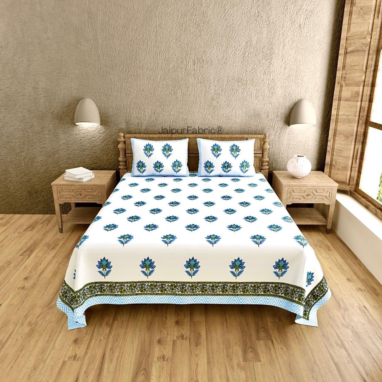 Curated Block Print 400 TC Pure Cotton King Size Bedsheet for Elegant Bedrooms