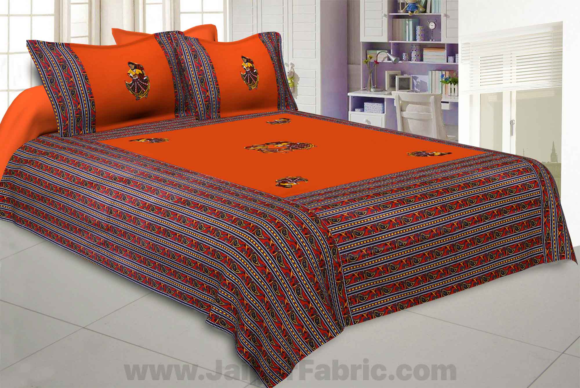 Applique Orange Rajasthani Dance Jaipuri  Hand Made Embroidery Patch Work Double Bedsheet