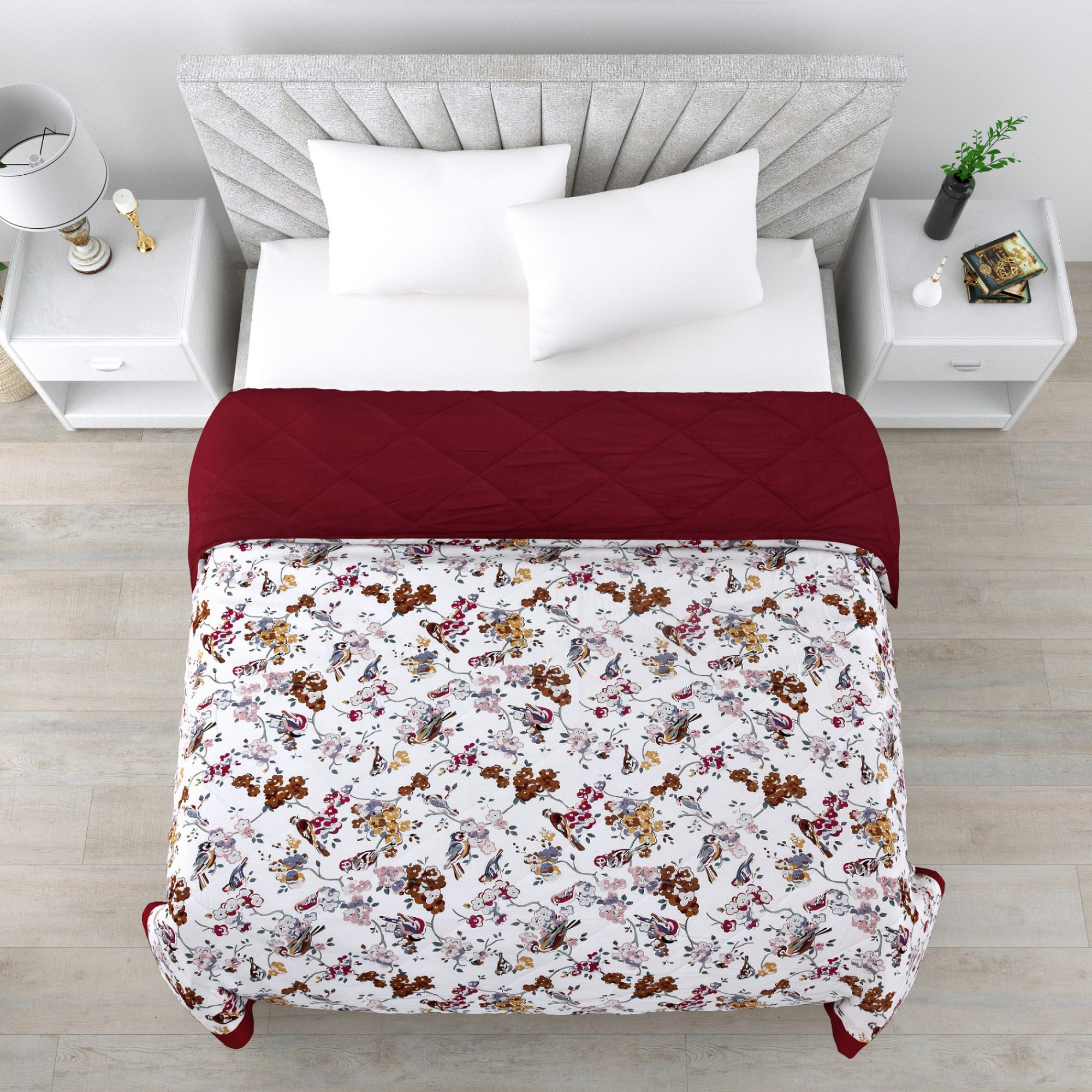 Nature Melody Maroon Cotton Quilted Bedcover Comforter Blanket