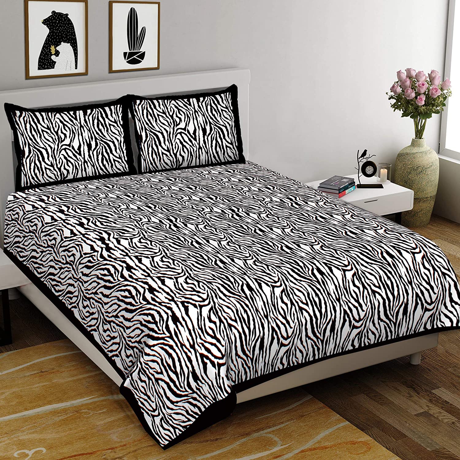 Black Border White  Base Zebra Print Fine Cotton Double Bed sheet  With Pillow Cover