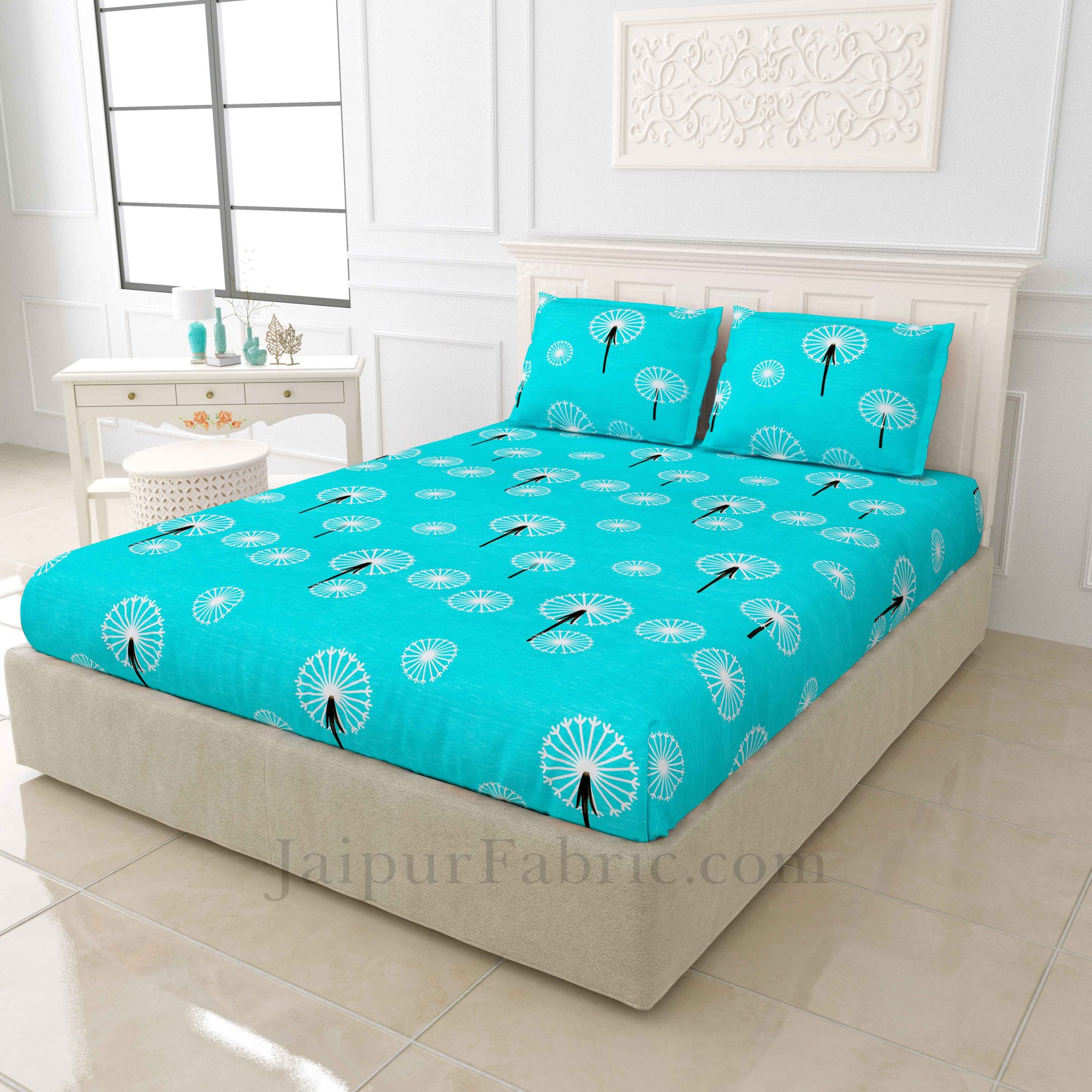 Sea Green Dandellions Super Soft King Size Double BedSheet