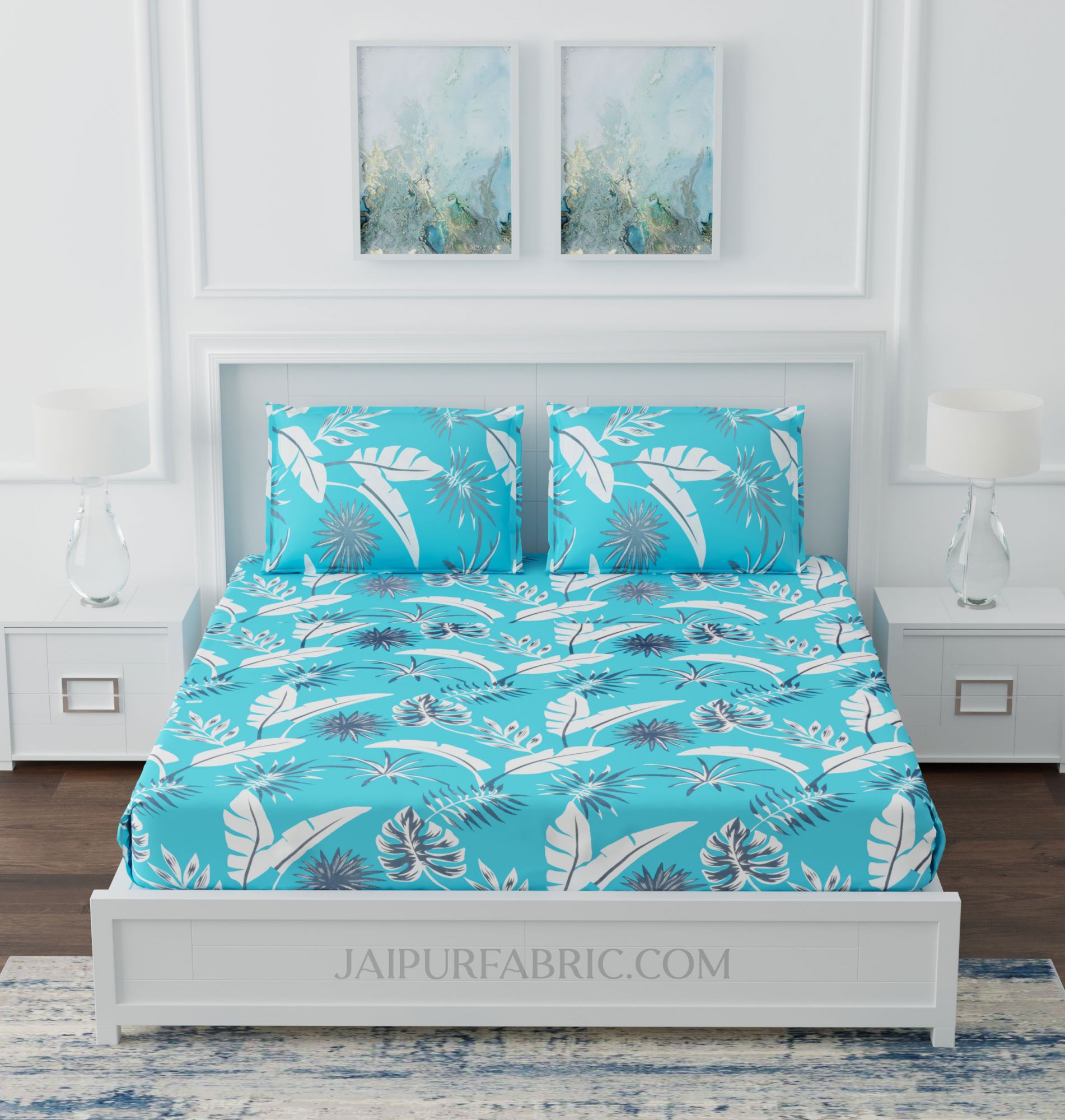 Sky Blue Foliage King Size Bedsheet