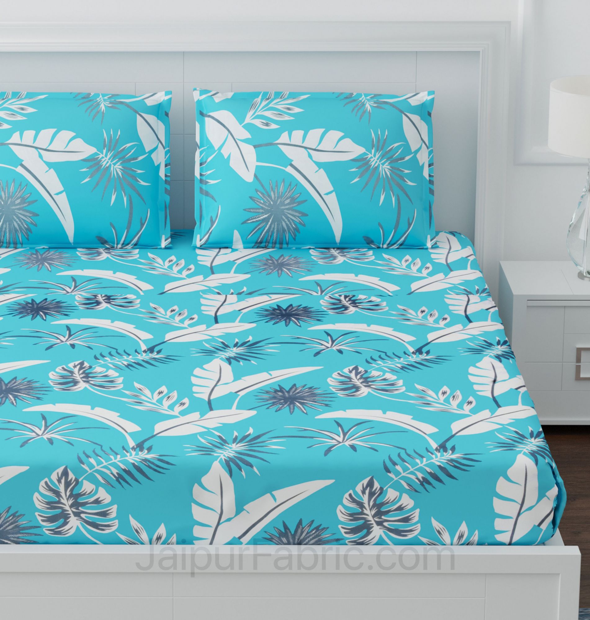 Sky Blue Foliage King Size Bedsheet