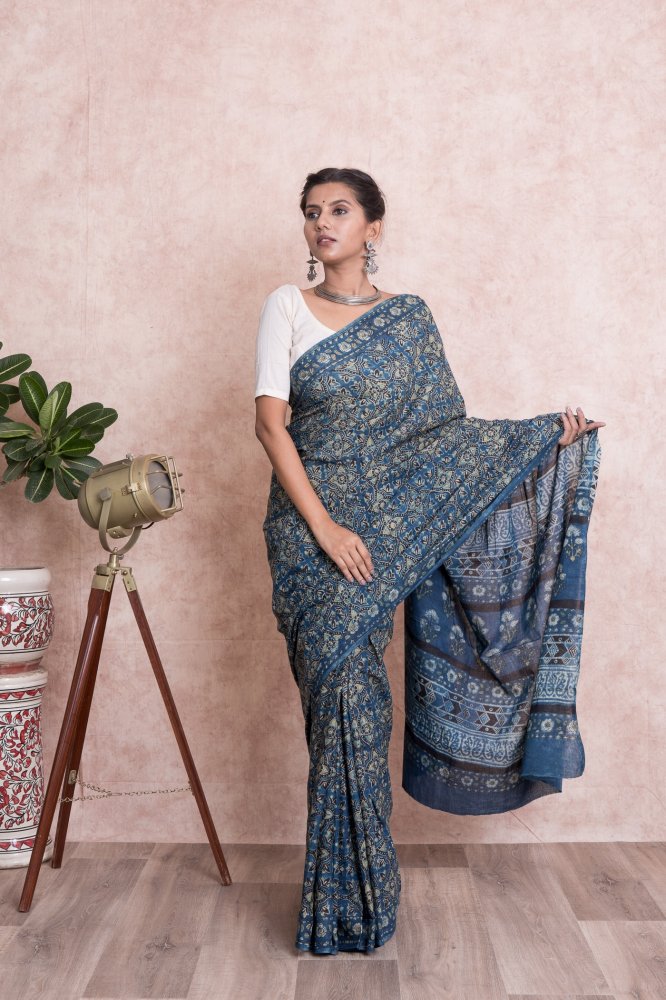 Women Ajrak Print Geometric Cotton Mulmul Saree with Unstitched Blouse - Blue