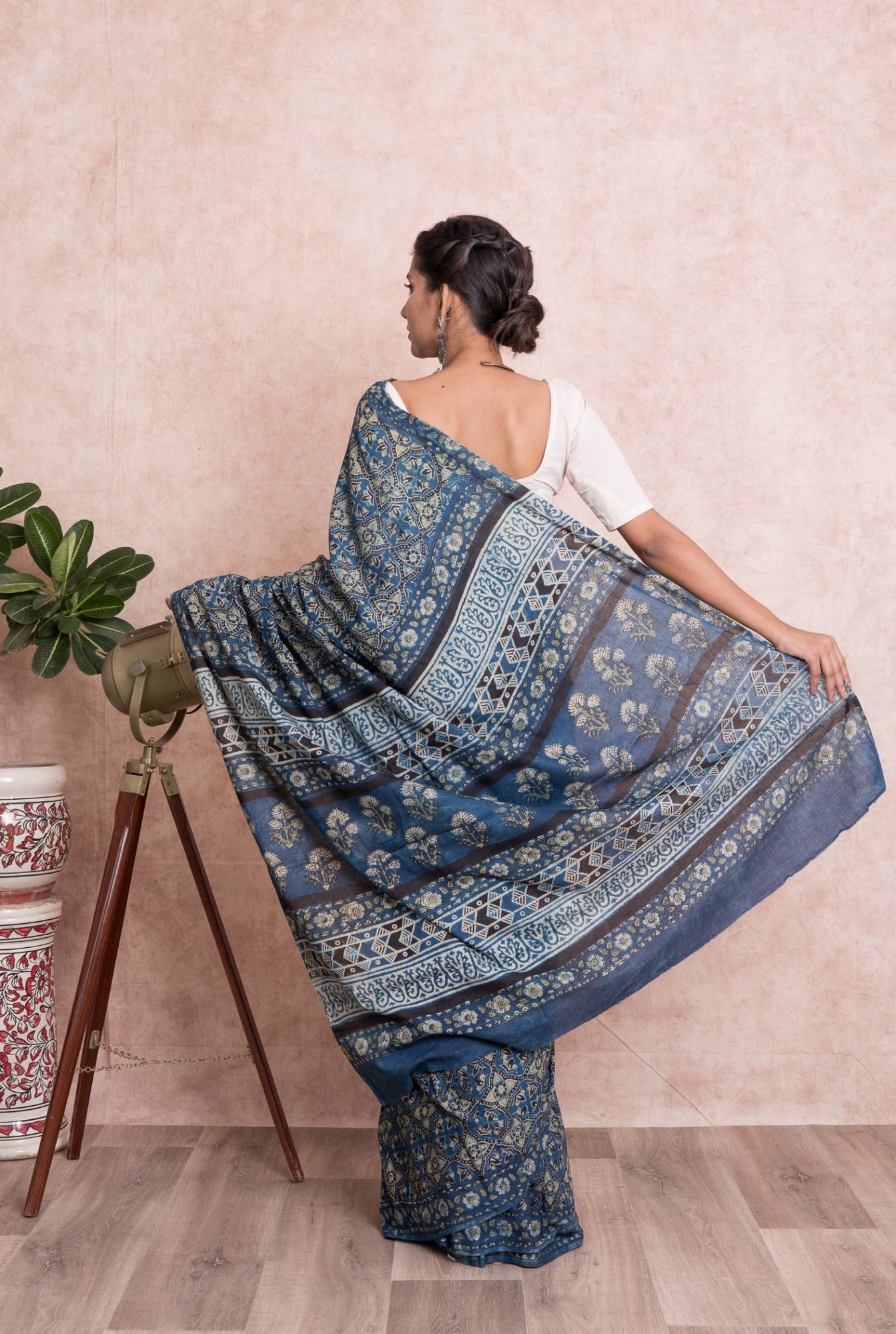 Women Ajrak Print Geometric Cotton Mulmul Saree with Unstitched Blouse - Blue