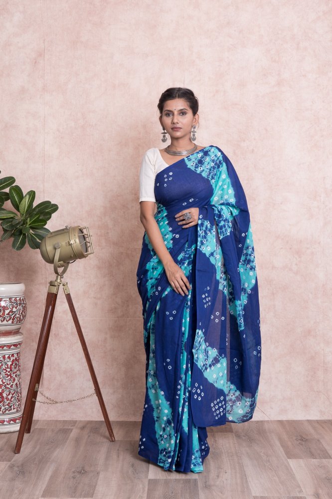 TieAnd Dye Bandhej Leheriya Cotton Mulmul Saree with Unstitched Blouse - Blue And Green