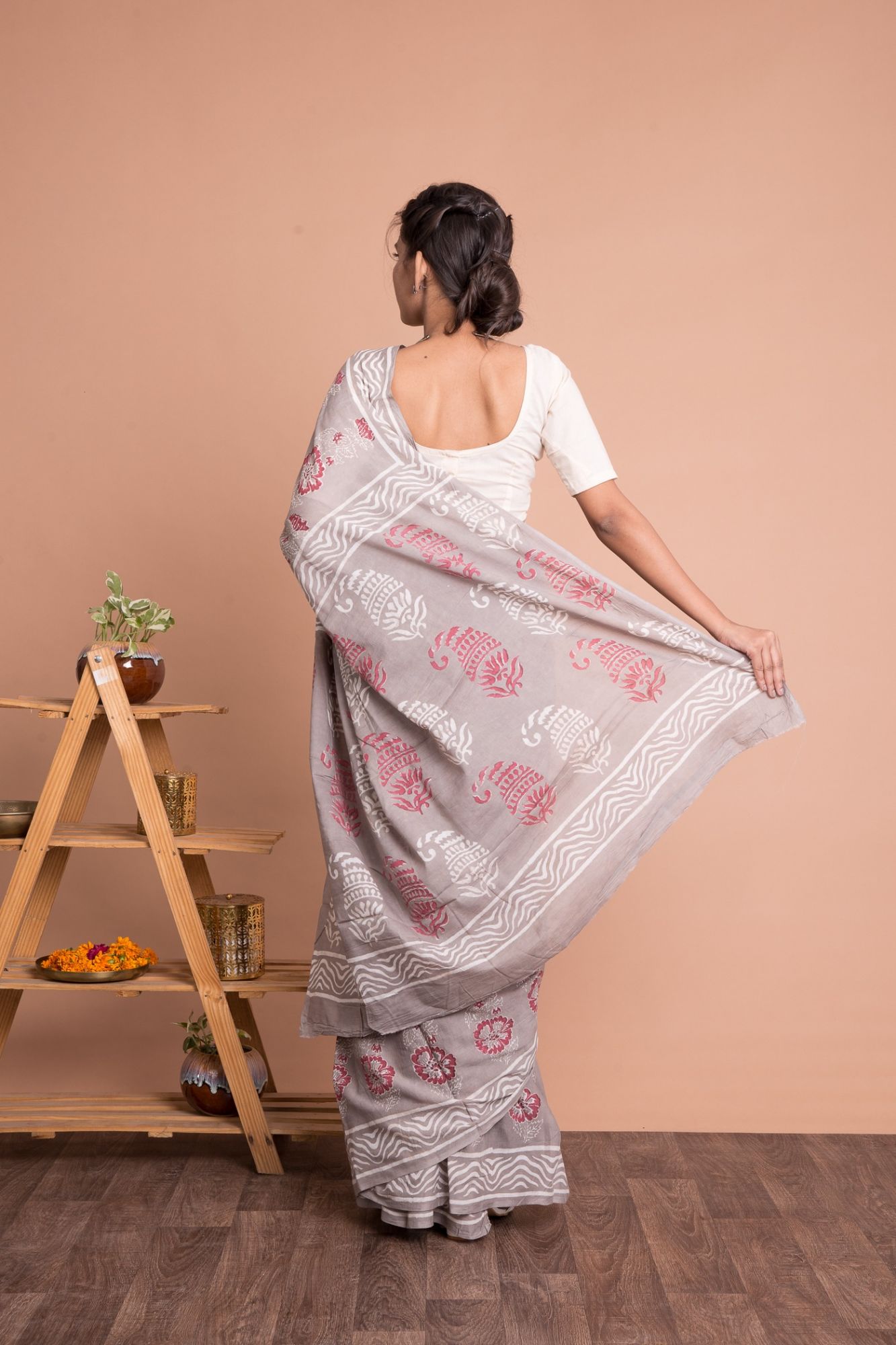 Women Hand Block Print Cotton Mulmul Saree with Unstitched Blouse - Grey