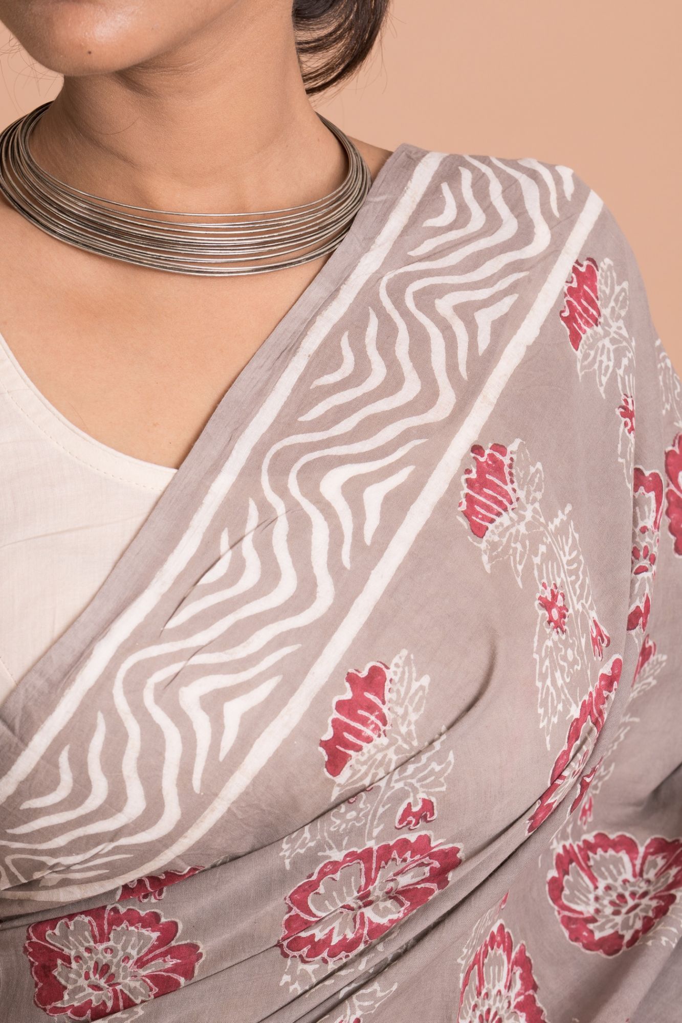 Women Hand Block Print Cotton Mulmul Saree with Unstitched Blouse - Grey