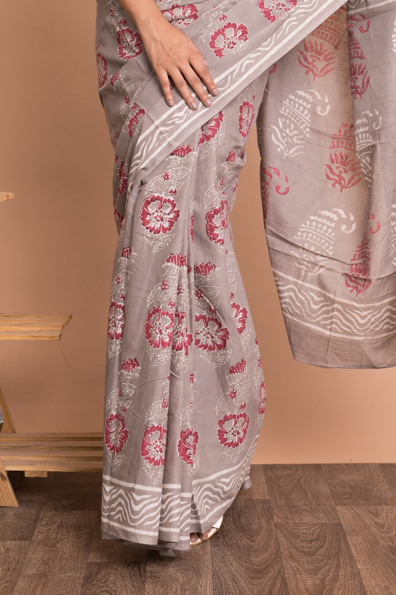 Women Hand Block Print Cotton Mulmul Saree with Unstitched Blouse - Grey