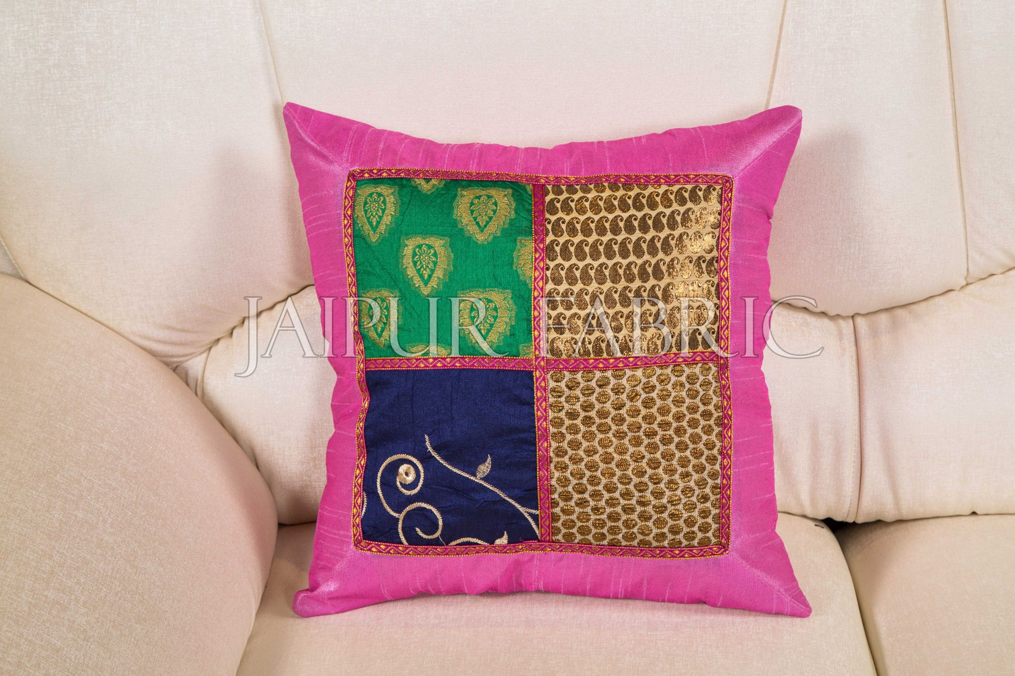 Multi Color Patch Work Gold Print with Pink Base Cushion Cover