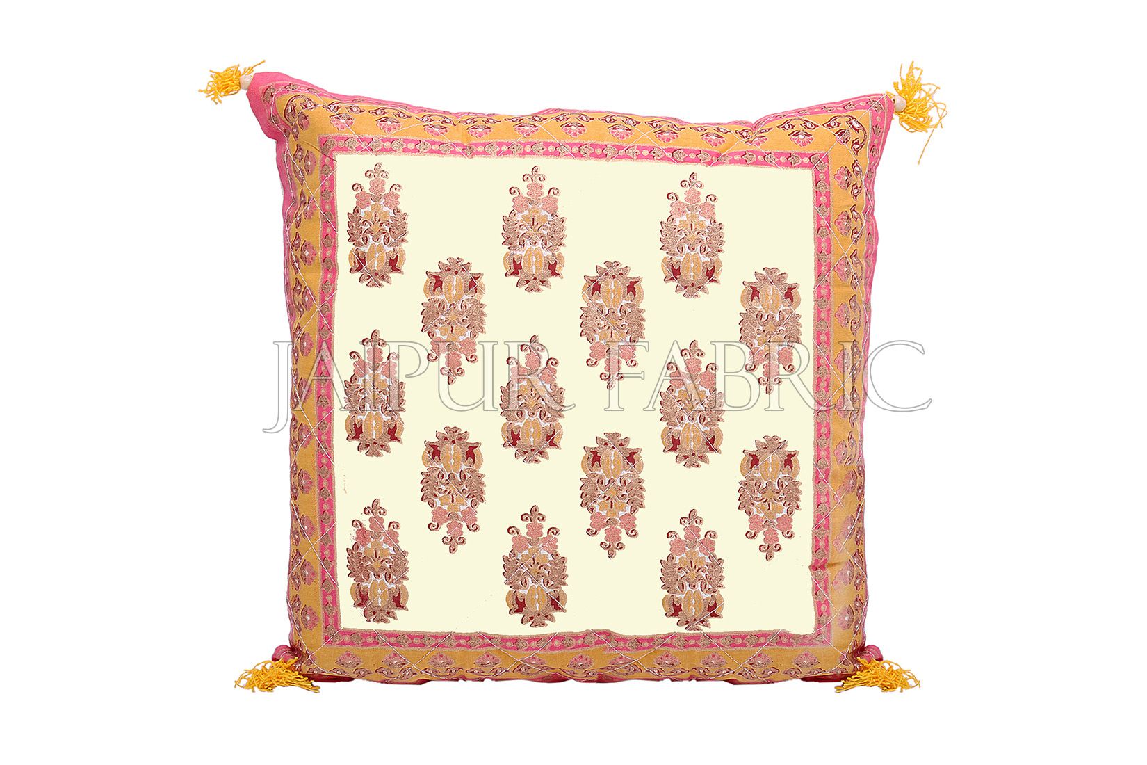 Cream Base with Orange Border Rajasthani Kalash Design Cotton Cushion Cover