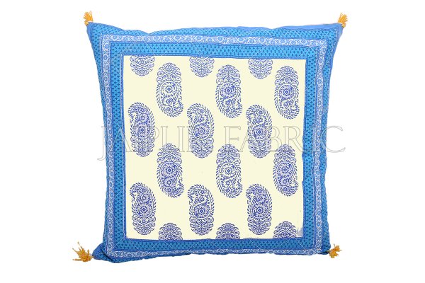 Blue Border Keri Block Print Cotton Cushion Cover