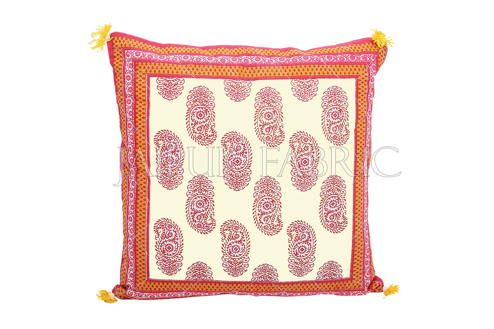 Orange Border Keri Block Print Cotton Cushion Cover