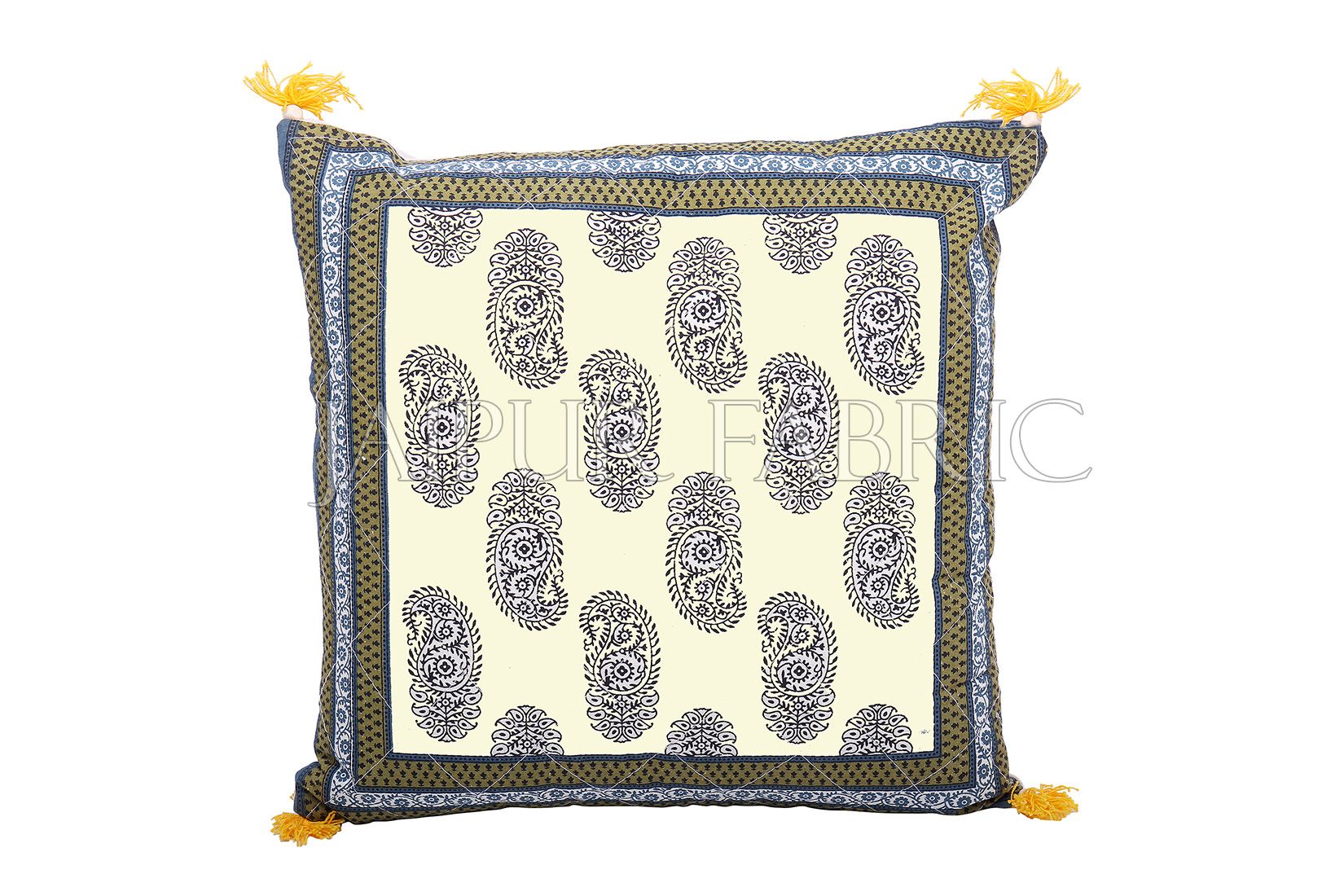 Moss Color Border Keri Block Print Cotton Cushion Cover