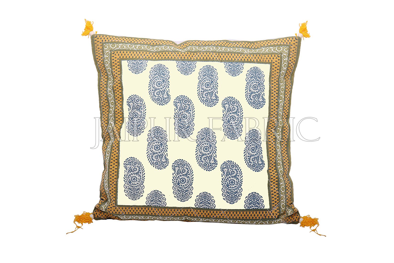 Olive Color Border Keri Block Print Cotton Cushion Cover