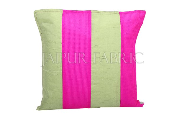 Green and Pink Thread Work Cotton Satin Silk Cushion Cover