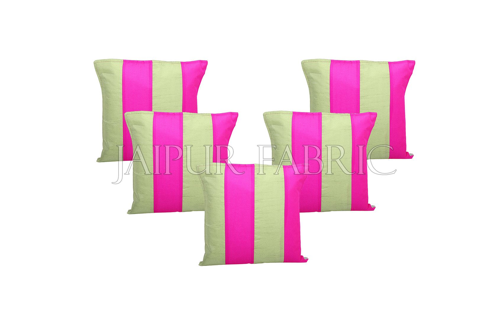 Green and Pink Thread Work Cotton Satin Silk Cushion Cover