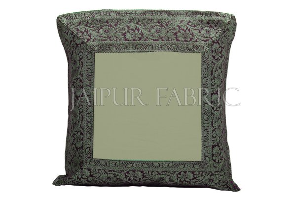 Green Base with Black Gota Work Border Cotton Satin Silk Cushion Cover