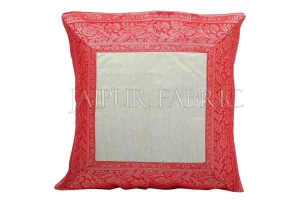 Green Base with Red Gota Work Border Cotton Satin Silk Cushion Cover