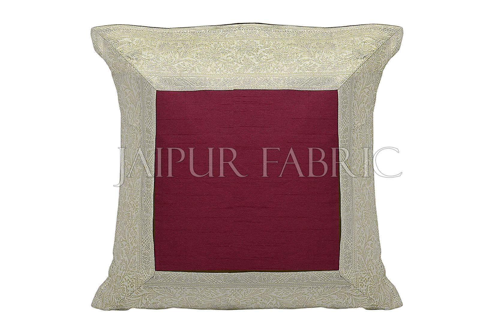 Maroon Base with White Gota Work Border Cotton Satin Silk Cushion Cover