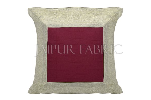 Maroon Base with White Gota Work Border Cotton Satin Silk Cushion Cover