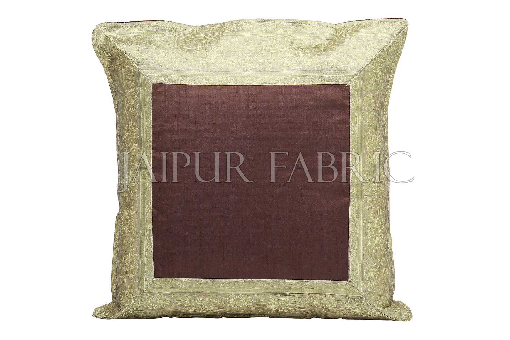 Brown Base with Golden Gota Work Border Cotton Satin Silk Cushion Cover