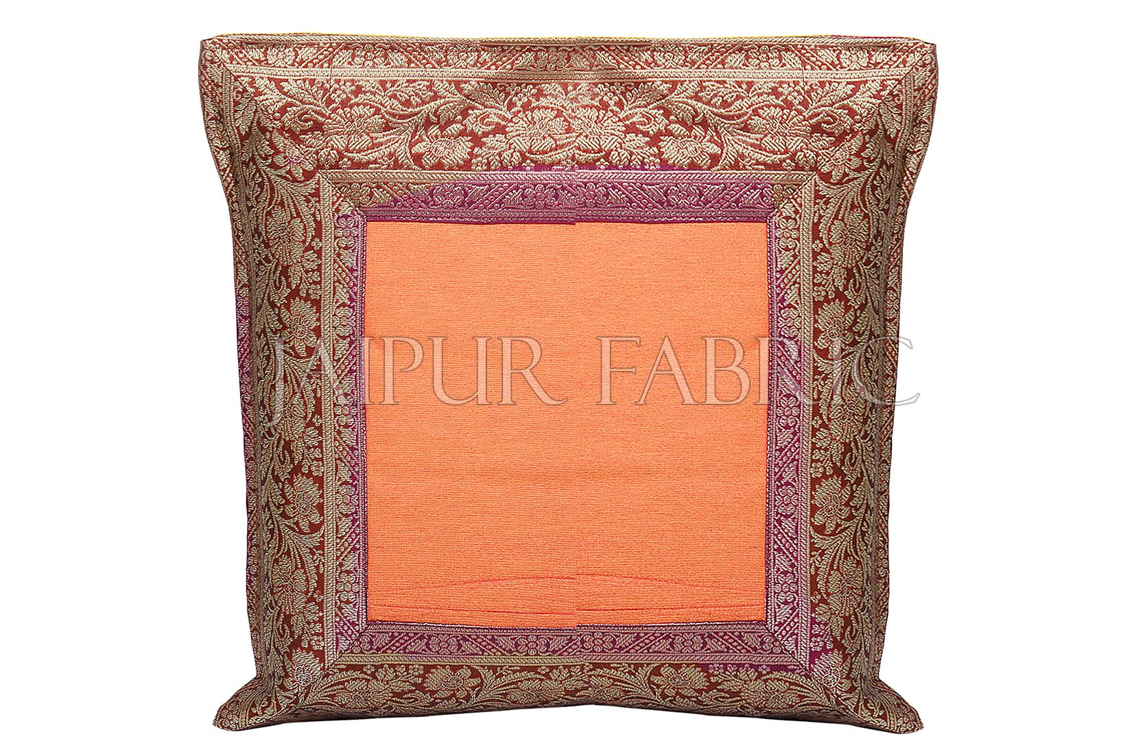 Orange Base with Maroon Gota Work Border Cotton Satin Silk Cushion Cover