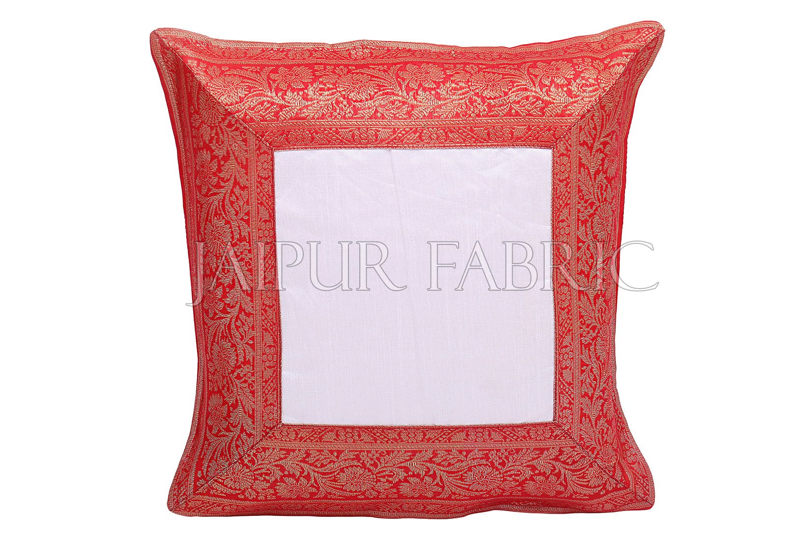 White Base with Red Gota Work Border Cotton Satin Silk Cushion Cover