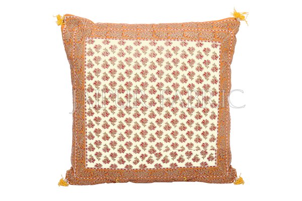 Orange Flower Print with Tropical Border Cotton Cushion Cover