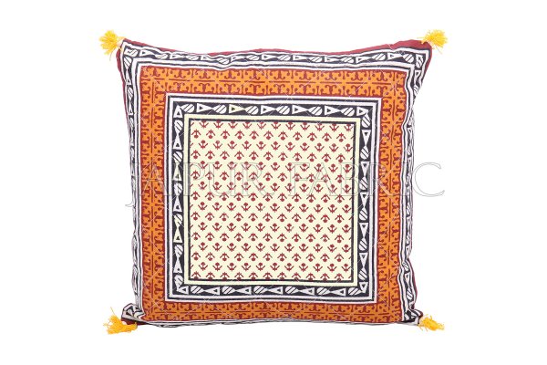 Orange Jaipuri Block Golden Print Cotton Cushion Cover