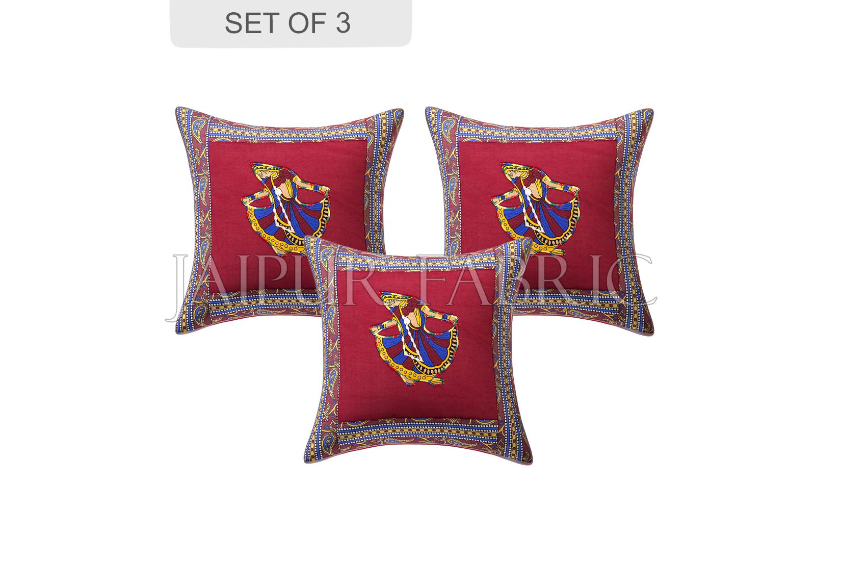 Maroon Gujri Dance Design Patchwork & Applique Cushion Cover