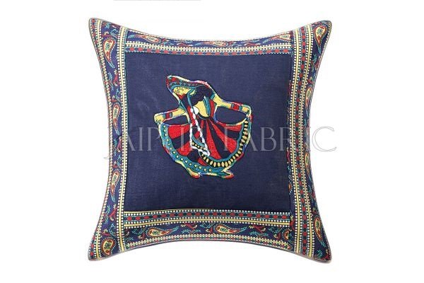 Blue Gujri Dance Design Patchwork &amp; Applique Cushion Cover