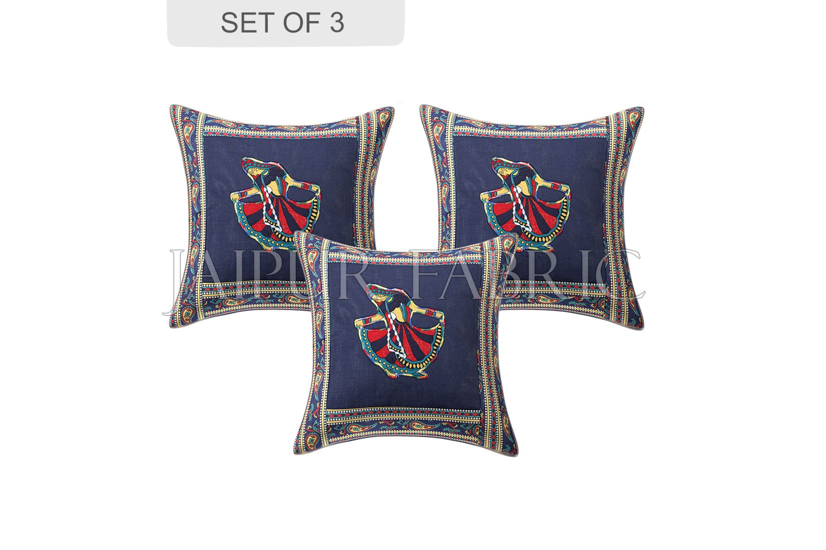 Blue Gujri Dance Design Patchwork & Applique Cushion Cover