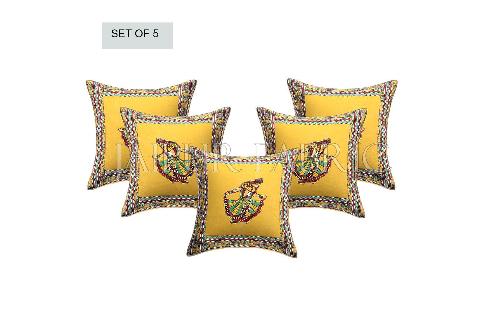 New Mustard Gujri Dance Design Patchwork & Applique Cushion Cover