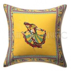 New Mustard Gujri Dance Design Patchwork & Applique Cushion Cover