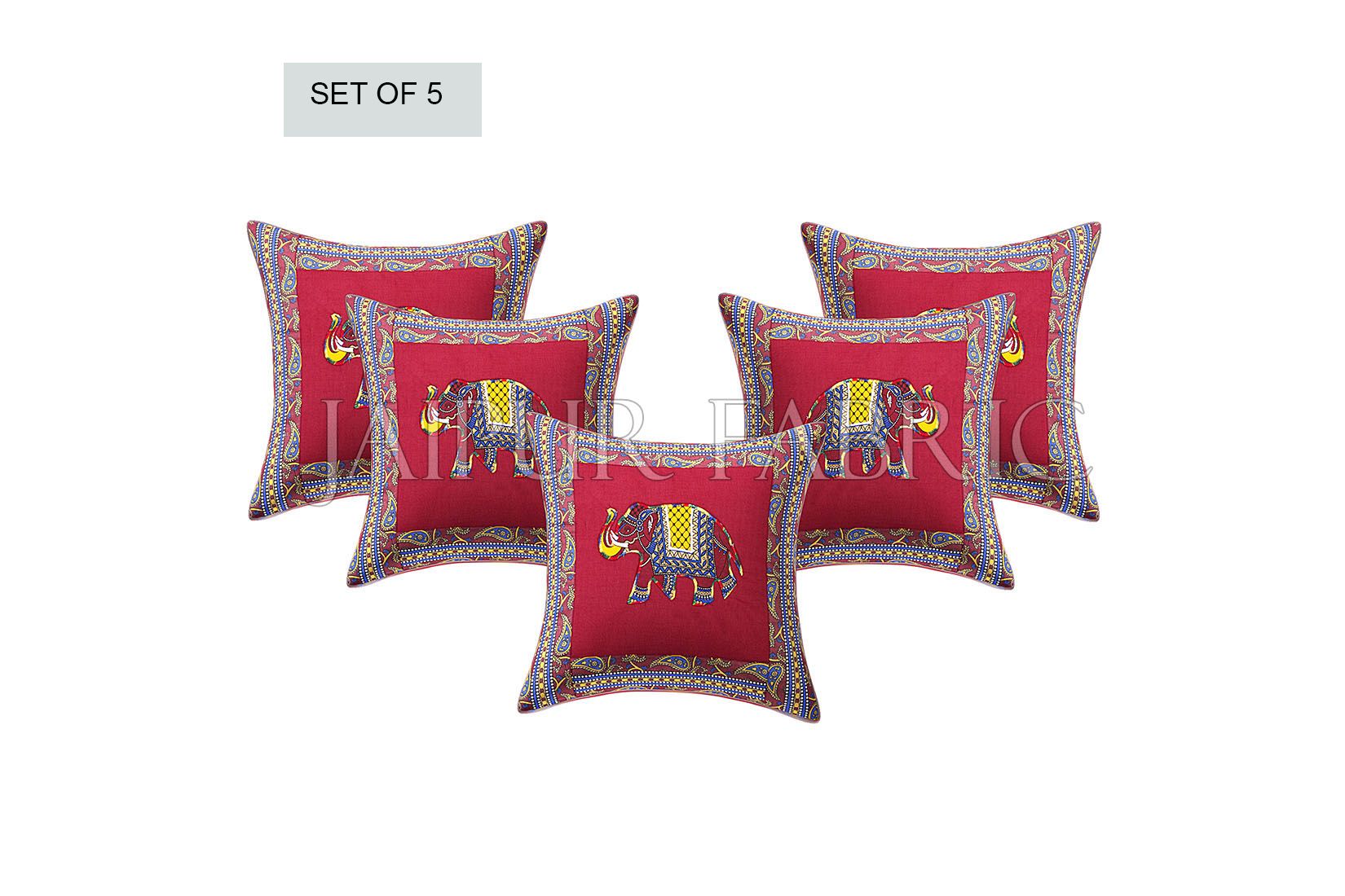 Maroon Elephant Design Patchwork & Applique Cushion Cover