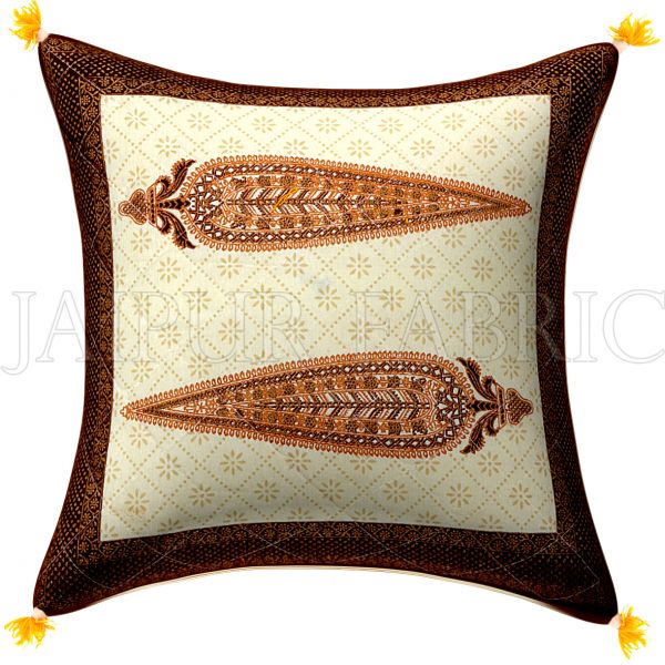 Cream Base Golden Leaves Brown Border   Cotton  Cushion Cover