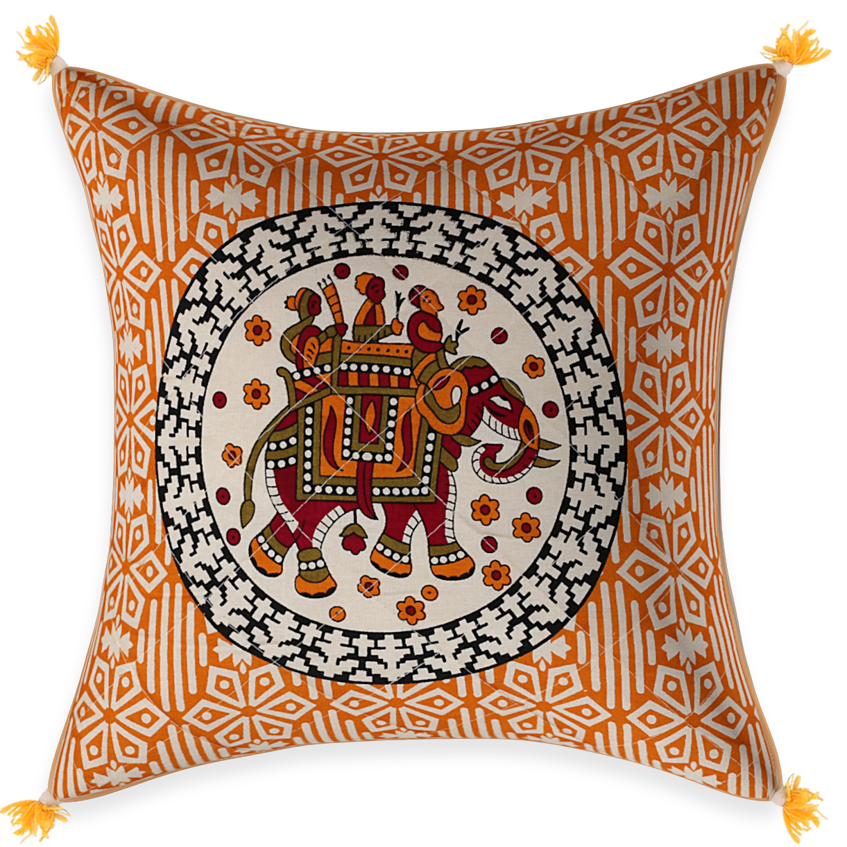 Yellow Cream Base Elephant  Print  Cotton Cushion Cover