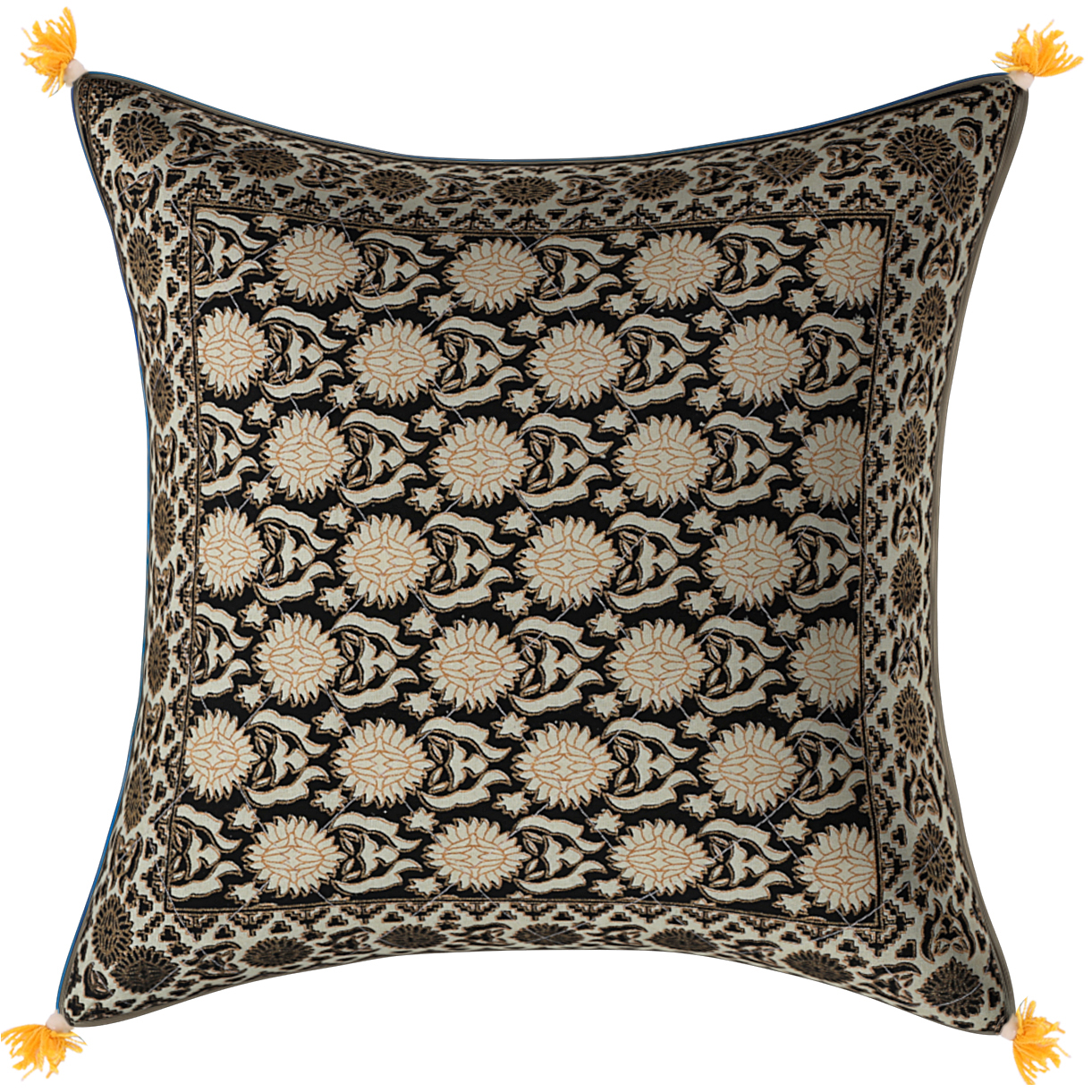 Black Base Cream Flower With Golden Print  Cotton Cushion Cover